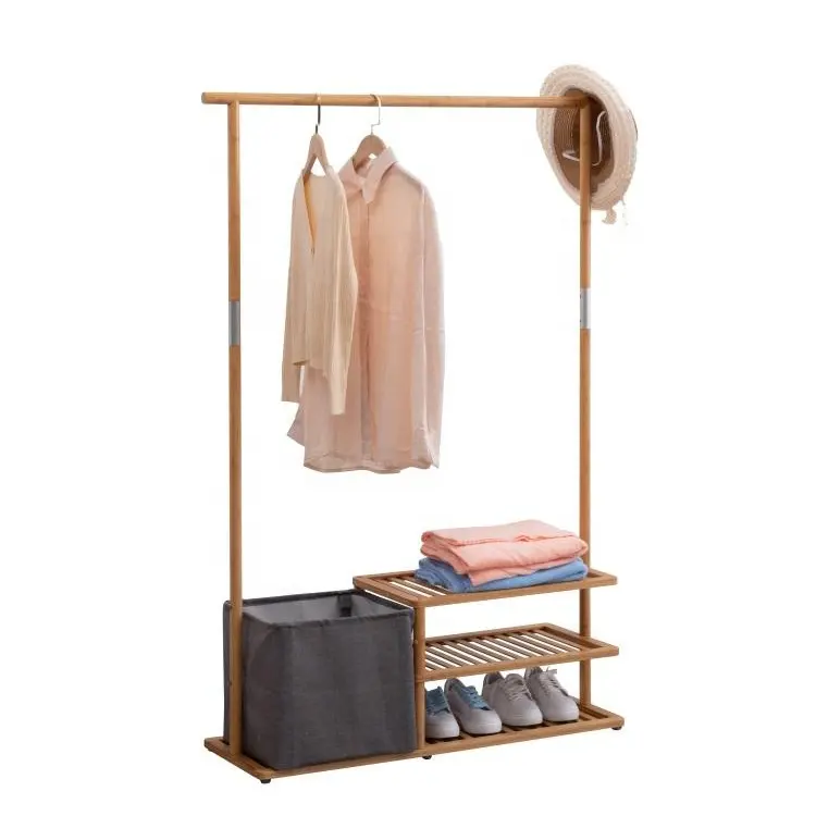 3-in-1 design bedroom free standing bamboo garment coat rack with shoe rack, floor standing bamboo clothes rack