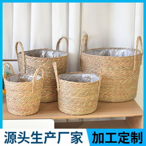 Seaweed Woven Plant <b>Basket</b> Round Standing Type Straw Fiber Balcony Flower Pot Storage <b>Basket</b> - Product Image 5