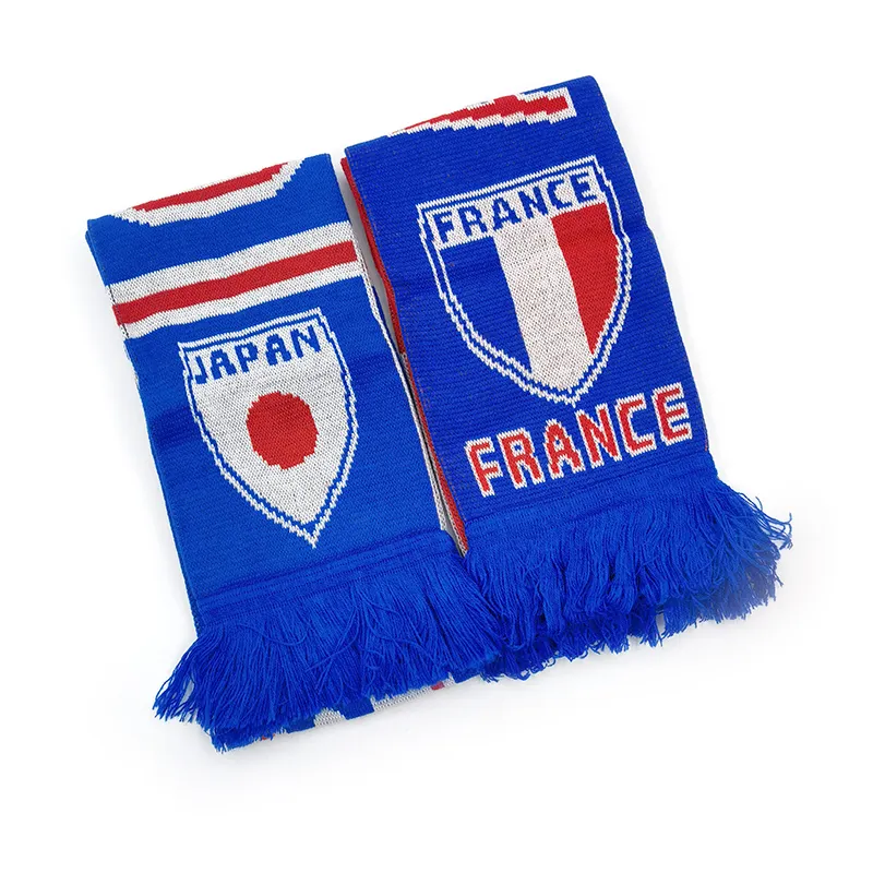 Custom alta qualidade Jacquard tecido acrílico malha esporte equipe futebol clube futebol fãs lembrança cachecol para a França e Japão