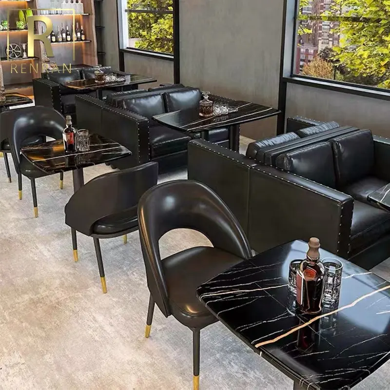 Modernes Restaurant Esstische und Stühle Sofa Stand schwarz Farbe Leder billig gebrauchte Tisch und Stuhl Restaurant Set