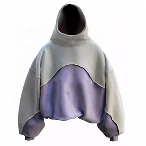 New Fashion <strong>Purple</strong> <strong>Hoodie</strong> Cut and Sew Pullover Patchwork Two Tone Cropped Printing Cut Edge Custom Raw Hem <strong>Hoodie</strong> for <strong>Men</strong> - Product Image 2