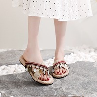 Chaussons faits à la main pour femmes en été, style bohème, style ethnique, talons inclinés, chaussures de plage à talons hauts