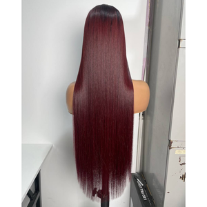 Perruque longue et lisse couleur rouge 99J, effet soyeux, avec dentelle frontale 13*6 et cheveux de bébé, raie libre au milieu - Product Image 1
