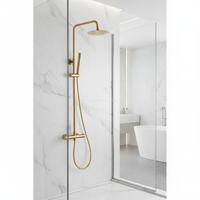 Ensemble de robinetterie de douche thermostatique pour salle de bain, finition dorée, design industriel, avec poignée sculptée à température constante