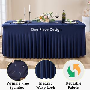 Modern Branded Navy Blue Elastic Satin Stretch 120 Inch <strong>Waterproof</strong> <strong>Table</strong> <strong>Cover</strong> Outdoor Ruffled Wedding Spandex Skirt - Product Image 4