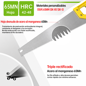 Sierra Manual de Acero 65Mn con Dientes Rectificados en Tres Caras 5DPP, 450mm, Marco de Acero con Alto Contenido de Carbono para Carpintería, Poda de Árboles y Jardín - Product Image 2