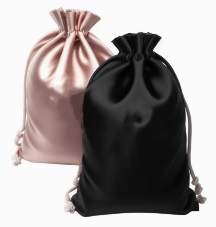 Custom logo extension per capelli parrucca borse con coulisse borsa di seta di raso nero per confezione Bundle capelli