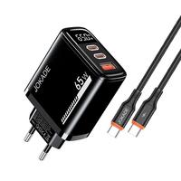 Ensemble de chargeur EU à 3 ports avec affichage numérique PD65W et câble Type-C vers Type-C