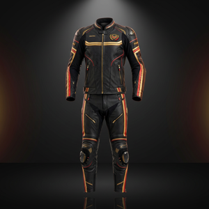 Conjunto de Chaqueta y Pantalones de Motociclismo para Hombre, en Cuero Negro y Cobre, Resistente al Viento, con Bloques de Color y Mangas Largas - Product Image 1