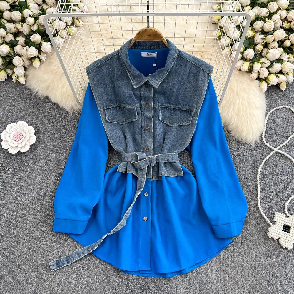 Mulheres camisa jeans Boutique Atacado Denim Shirt Mulheres Outono 2023 Novo Design Nicho Solto Médio-comprimento Top Camisa de manga comprida Casaco