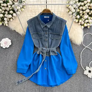 Женская джинсовая рубашка, оптовая продажа, джинсовая рубашка, Женская Осенняя 2023, новый дизайн, Свободный Топ средней длины с длинными рукавами, пальто