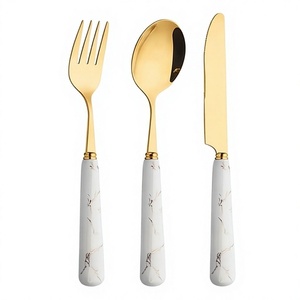 Gold Plated Cutlery <b>Set</b> With Marble Handles Modern Luxury Flatware <b>For</b> Elegant Dining Tableware Wedding Party Use - Product Image 1