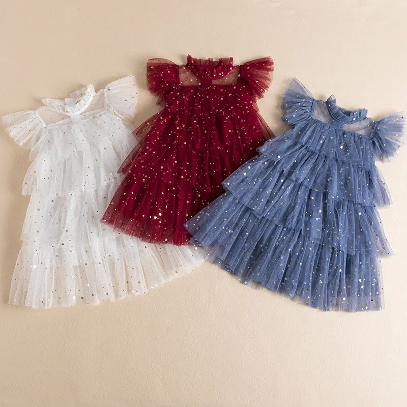 2023 Little Girls Dresses Summer Party Clothes Toddler Casual Wear Baby Girl Layer Mesh Gown Tulle Kids Sequins Dress