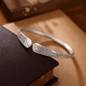 <span class=keywords><strong>Bracelet</strong></span> jonc ouvert plaqué argent 999 pour couple, gravé « Promesse <span class=keywords><strong>Montagne</strong></span> et Mer », symbole d'amour et de promesse - Product Image 2