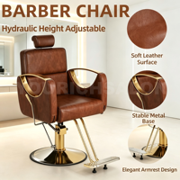 Fauteuil de Salon de Coiffure Pivotant à 360° avec Accoudoirs en Acier Inoxydable, Chaise de Coiffure pour Salon, Couleur Brun Doré