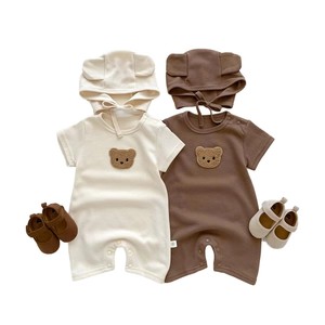 Vêtements pour enfants : Combinaison bébé d'été en tissu gaufré motif ours, barboteuse à manches courtes pour nourrissons, ensemble de vêtements d'extérieur pour garçons - Product Image 1