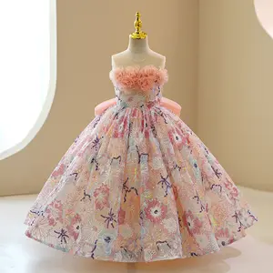 Wholesale Boutique Pink Sequined Sleeveless Flower Girls Wedding Dress Children Kids Evening Party Clothing Lovely Princess Gown