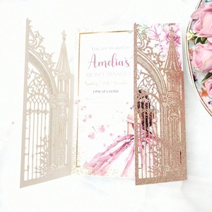 Tarjetas de Invitación de Boda con Diseño de Castillo de Princesa en Oro Rosa, Corte Láser Plateado Champán, Tarjeta de Confirmación de Fecha para Quinceañera - Product Image 3
