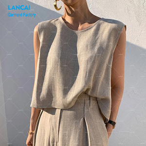 Lancai Ensemble d'été en <span class=keywords><strong>lin</strong></span> deux pièces personnalisé pour femmes avec haut sans manches et pantalon décontracté taille haute Costume élégant - Product Image 4