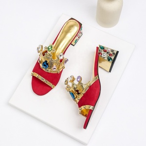 Rivet Diamond Crown Decor Sandals Women Colorful Rhinestone Square <b>Heel</b> Luxury <b>Suede</b> Mules Summer Slide High <b>Heels</b> - Product Image 5