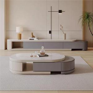 Mesa de centro de panel de roca simple moderna telescópica ovalada de viento crema italiana, mueble de TV, mesa de centro de combinación de sala de estar pequeña - Product Image 2