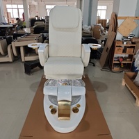 Sillón de Pedicura Profesional de Lujo para Salón de Uñas, Cuero Blanco, Decoración Dorada, Lavabo de Cristal