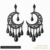 Pendientes de luna creciente de acero inoxidable 316L con PVD negro, filigrana ornamentada, gota de resina negra, joyería gótica llamativa OEM