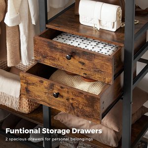 Organisateur de placard industriel avec étagères de rangement, porte-vêtements autoportant, 2 tiroirs, porte-vêtements, meubles de salon - Product Image 5