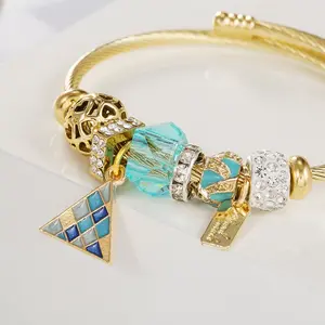 Pulseira banhada a ouro 18k yiwu, bracelete de aço inoxidável ajustável, modelo mosaico geométrico redondo, pulseira para casal