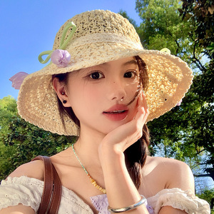 Japanese Style Openwork <b>Straw</b> <b>Hat</b> For Women Light Khaki Off White Large Brim Sunshade Breathable Summer Beach Wear - Product Image 3