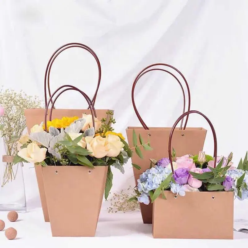 Kraft kağıt torba yamuk çiçek paketleme çantası çiçekçi malzeme çiçekler tutucu kurdela saplar için take away çiçek