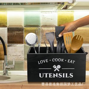 Boîte de rangement transfrontalière en bois pour couverts de cuisine, boîte de rangement compartimentée en bois massif pour couteaux et fourchettes, pour la maison - Product Image 1