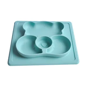 Bear No-slip Bpa Free Silicone Baby Plate Silicone Suction Plate Spoon Built-in Placemat For Baby Infants Toddlers First Food