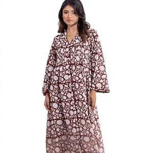 Robe décontractée d'été 2025 pour femme, manches longues, col en V, en coton imprimé, coupe trapèze, taille naturelle, respirante, taille adulte - Product Image 1