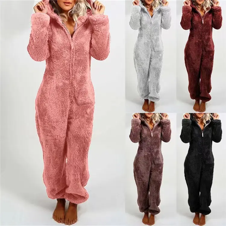 FMY144 Winter Warme Pyjama Vrouwen Onesies Pluizige Fleece Jumpsuits Nachtkleding Totale Kap Sets Pyjama Voor Vrouwen Volwassen