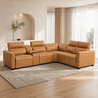 Canapé d'angle moderne en cuir extensible avec repose-têtes réglables, structure en bois et console centrale