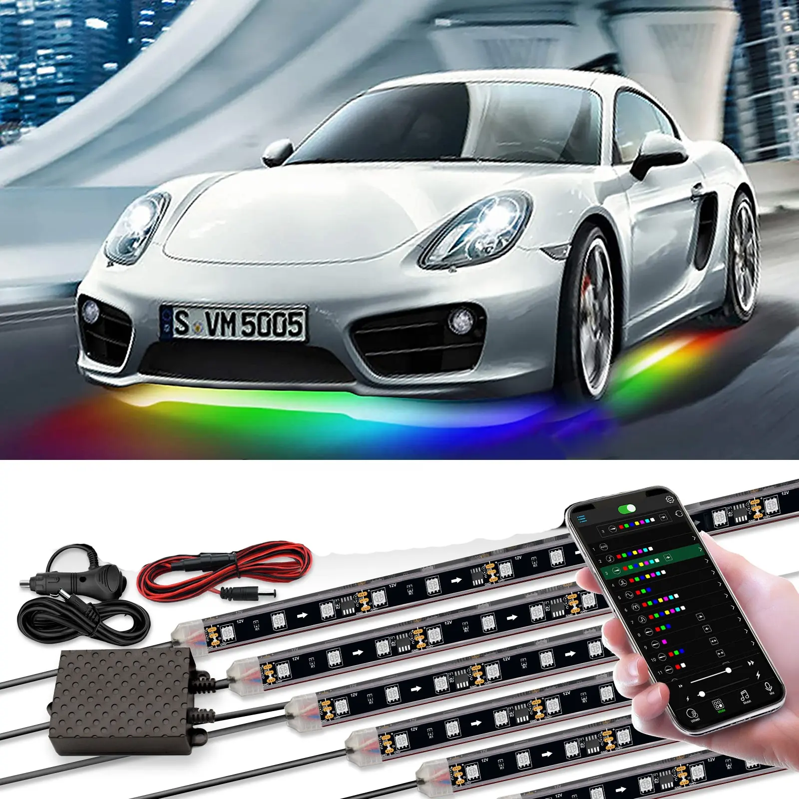 ชุดไฟสี RGB ใต้รถแบบไล่เฉด,ชุดไฟนีออนสำหรับรถยนต์ขายดี154ซม. + 64ซม. ไฟเส้น Led ของ Amazon