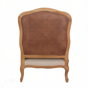 Poltrona in Legno Massello Stile Antico Francese Rustico Direttamente dalla Fabbrica con Schienale in Rattan e Rivestimento in Tessuto Beige - Product Image 5