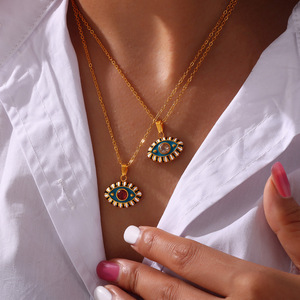 Collar Bohemio de Moda con Colgante de Ojo Turco de Acero Inoxidable Esmaltado Colorido, Cadena Tipo O con Diamantes, Joyería Personalizada Estilo Ins Milenio - Product Image 2