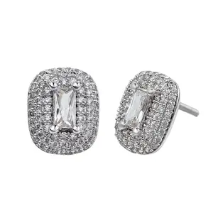 square design silver 925 iced baguette micro pave cz men earrings with stones