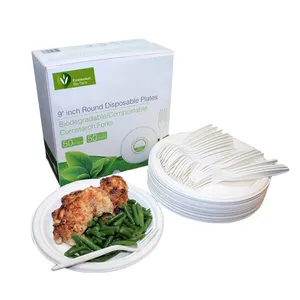 Household disposable tableware bio recyclable biodegradable cutlery set disposable compostable plates and utensils