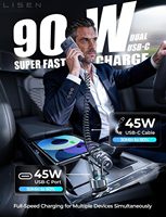 Chargeur de voiture USB-C rapide LISEN 90W avec cordon spiralé de 60 pouces, adaptateur Type-C pour iPhone 17 16 15 Samsung S25 et tablette