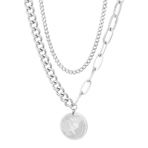 KALEN Collier vintage unisexe à double chaîne en acier inoxydable de 500mm avec pendentif de la reine Elisabeth - Product Image 1