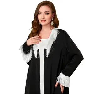 Design 2024New Middle East Simple Embroidery Muslim Women Abaya Dress Dubai Hijab Casual Dresses Tassel Sleeves Robe