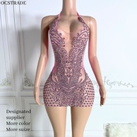 Robe courte rose Ocstrade à dos nu, style licou, avec strass, col en V, pour soirée, club, anniversaire, sexy et luxueuse