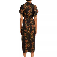 Robe midi pour femme, de qualité supérieure, design d'usine, en satin floral tissé naturel, à col chemise, manches courtes, avec ceinture à nouer, imprimé personnalisé, pour le quotidien