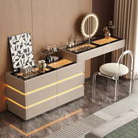 Coiffeuse moderne multifonctionnelle en bois de chêne massif pour chambre à coucher, avec éclairage LED, tiroirs, pliable et murale en acier inoxydable
