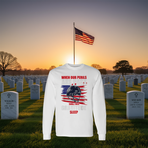 Camiseta de manga larga con estampado: Veterano, cuando nuestros peligros se hayan desvanecido, ¿no será nuestra gratitud que duerma? - Product Image 3