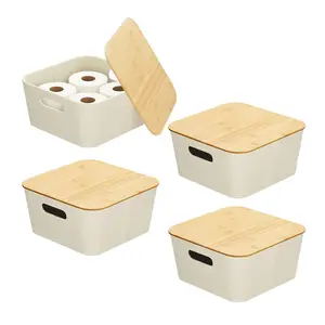 China Wholesale Fabric Basket Stacking Decorative Storage Box Bins With Bamboo Lid For Closet Bedroom Living Room Office