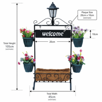 Panneau de bienvenue lumineux solaire avec support pour plantes et quatre pots de fleurs, panier carré en coco, en fer thermolaqué, pour la décoration d'entrée de jardin